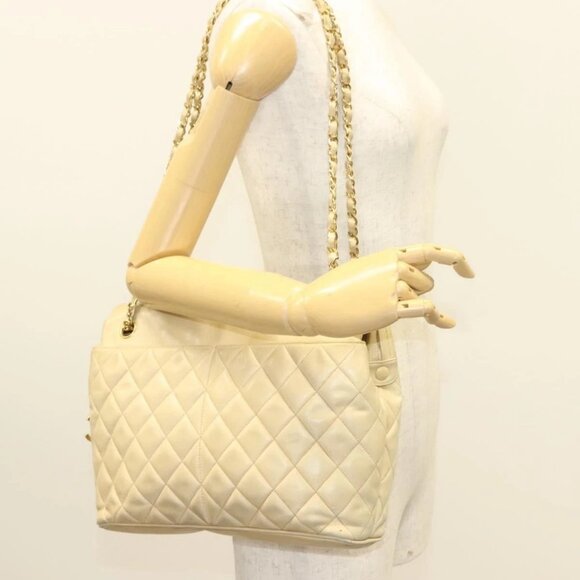 CHANEL Matelasse Chain Shoulder Bag Lamb Skin Beige Gold CC Auth bs27415 - Picture 14 of 16